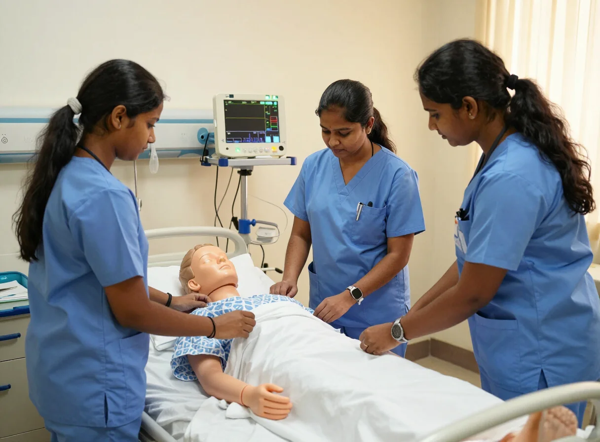 Nursing students practising clinical care